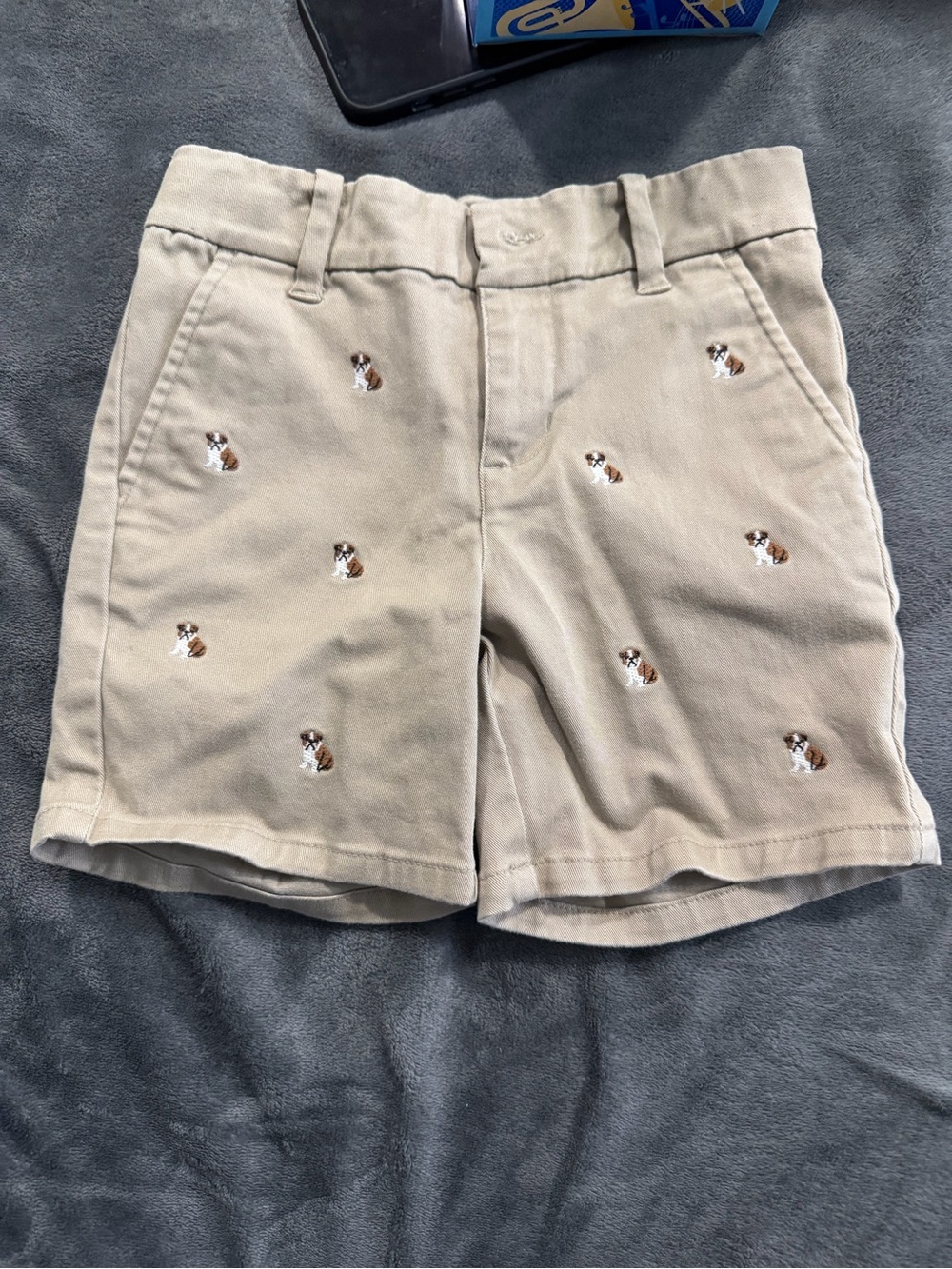 Janie and Jack Khaki Shorts with Embroidered Pug Puppies 4, preppy cute quality